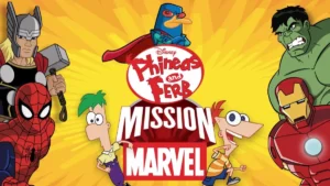 Capa do especial Disney Phineas and Ferb Mission Marvel com personagens estilo desenho animado, incluindo Homem-Aranha, Hulk, Thor e Homem de Ferro, em fundo amarelo com destaque para o título “MISSION MARVEL”.