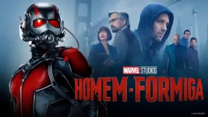 Cartaz de Homem-Formiga com o personagem em destaque ao lado de pessoas observando e a indicação Marvel Studios no fundo, em estilo cinematográfico.