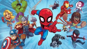 Ilustração estilo HQ com vários heróis e personagens conhecidos do universo Marvel, incluindo Homem-Aranha, Homem de Ferro e Capitão América, em cena de ação com fundo azul.