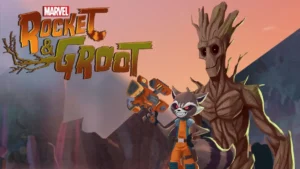 Imagem da animação Marvel Rocket & Groot, com o Rocket segurando um blaster e Groot, em cena com fundo colorido de montanhas e céu no pôr do sol.