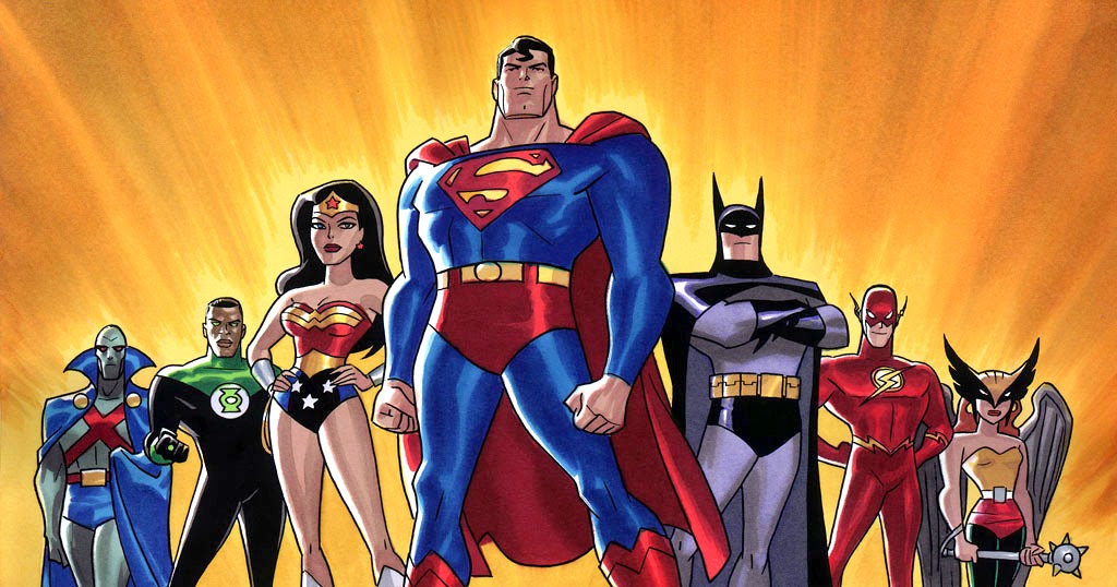 Todos os membros da Liga da Justiça reunidos: Superman, Batman, Mulher Maravilha, Lanterna Verde, Flash, Mulher Gavião e Caçador de Marte. 