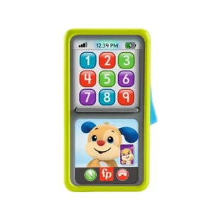 Brinquedo eletrônico infantil em formato de celular verde com teclado numérico colorido de 1 a 9, tela com hora 12:34 PM e personagem de cachorro na parte inferior.