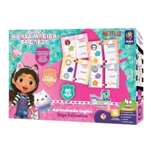Caixa de jogo educativo “A Casa Mágica da Gaby” da série Netflix, com peças em formato de letras e cores para aprender inglês, indicada para crianças.