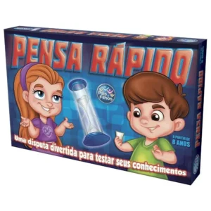 Caixa do jogo educativo “Pensa Rápido” com ilustrações de crianças, incluindo atividades para testar conhecimentos, indicado para crianças a partir de 8 anos.