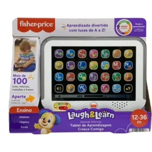 Tablet de Aprendizagem Fisher-Price Laugh&Learn com luzes de A a Z, mostrando letras do alfabeto em botões coloridos na tela e botão de volume/alto-falante.