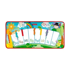 Tapete infantil Fisher-Price musical com letras e números, ilustrações coloridas de bichinhos e cenário com arco-íris e instrumentos para brincar