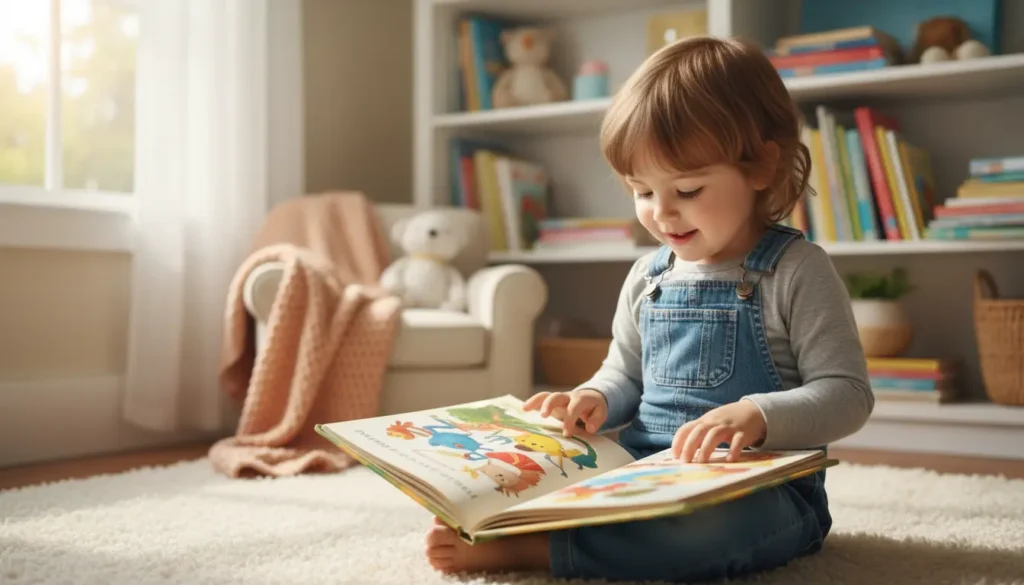 Criança feliz lendo um livro de literatura infantil no chão de uma sala.