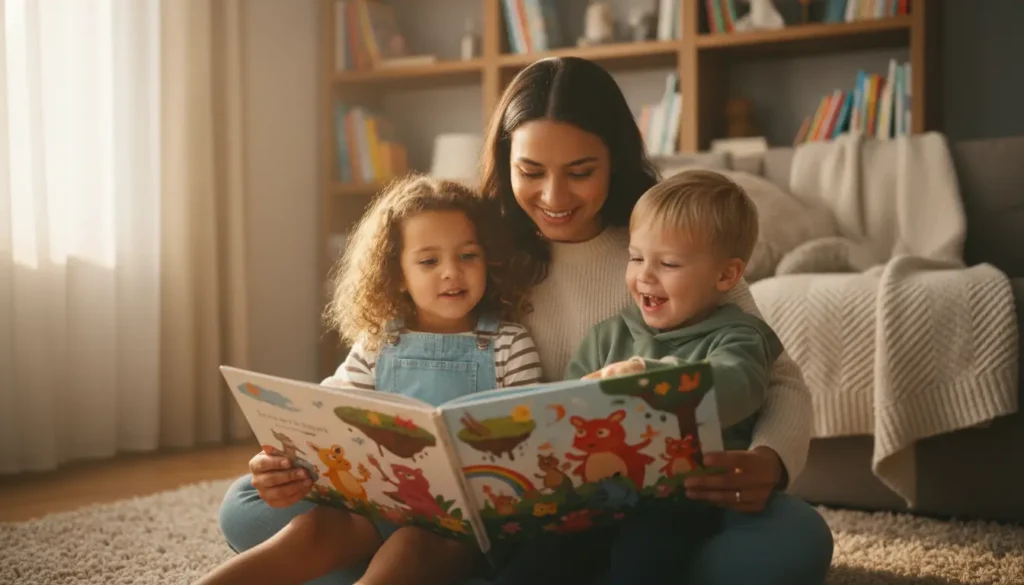 Mãe sorrindo lendo um livrinho de historia infantil colorido para duas crianças pequenas