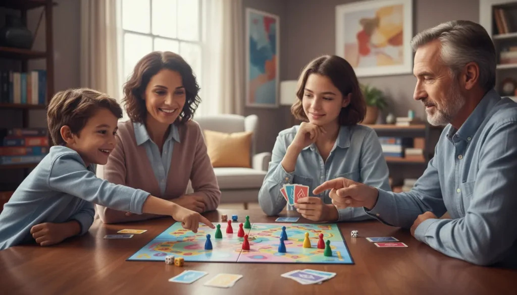 Família feliz, incluindo pais e filhos de diferentes idades, desfrutando de um dos melhores jogos de tabuleiro