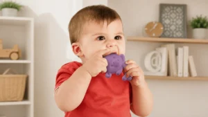 Imagem de bebê sorridente de camiseta vermelha segurando um brinquedo roxo em casa, com estante e objetos decorativos ao fundo, em ambiente claro.