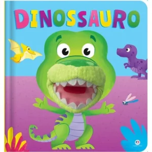 Imagem da capa do livro infantil interativo “DINOSSAURO” com um dinossauro verde sorridente e boca aberta. 