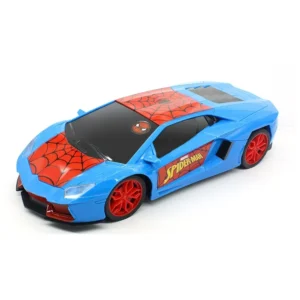 Carro em miniatura azul com detalhes do Homem-Aranha, capô com estampa de teias e janelas pretas, rodas vermelhas e adesivo “Spider-Man” na lateral, em fundo branco.