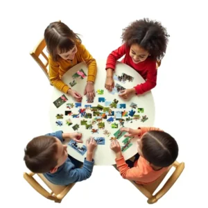 Crianças em volta de uma grande mesa montando um quebra-cabeça com várias imagens coloridas, enquanto colocam as peças no jogo em família.
