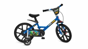 Bicicleta infantil azul com aro grande, freios e refletivos, estilo balance bike para crianças, com adesivos coloridos no quadro e no guidão.