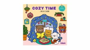 Imagem de capa do livro de colorir Cozy Time com ilustração de animais em um abrigo azul decorado com estrelas verdes, plantas e personagens tocando instrumentos.