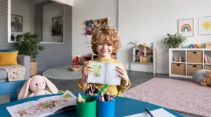 Imagem de criança sorridente em sala infantil, segurando um livro de atividades com desenhos e colorindo, com brinquedos e tapete ao fundo.