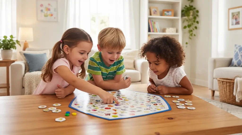 Imagem de crianças brincando de jogo educativo com letras e figuras em uma mesa de madeira na sala de estar, reunidas para montar e aprender.