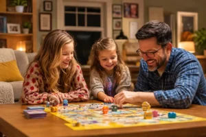 familia brincando jogo tabuleiro em casa