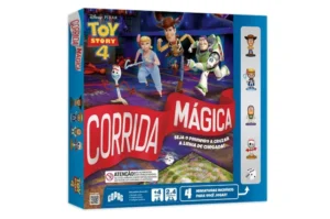 Imagem de jogo corrida mágica Toy Story 4 com personagens Woody, Buzz e outros, caixa colorida com ilustração do tabuleiro e detalhes de 4 miniaturas, para 1 a 4 jogadores.