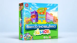 Capa do jogo Banco Imobiliário Júnior com a marca Estrela, ilustrações de cidades coloridas e o título “JUNIOR”, indicado para crianças