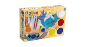 Embalagem do brinquedo Disney Stitch: Brincadeiras do Stitch, com ações e acessórios coloridos, balde e peças para brincadeira infantil, indicado para +3 anos.