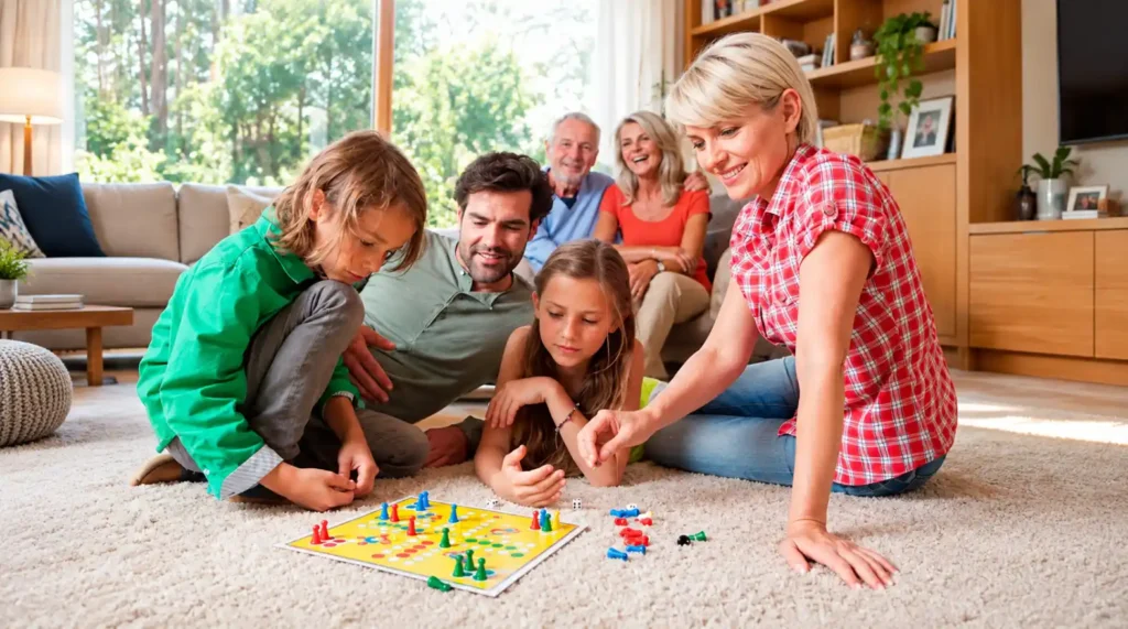 Família reunida na sala, brincando com jogo de tabuleiro no tapete, com crianças e adultos sorrindo enquanto montam peças coloridas.