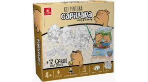 Kit pintura Capivara com comfy: caixa do produto para colorir, com desenho de capivara, +12 cards para colorir e itens como lápis de cor e pincel.