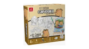 Quebra-cabeça infantil: como escolher e quais são os benefícios? 3 Caixa do Kit Pintura Capivara para colorir, com ilustrações de capivaras em desenhos para pintura e informações do produto, como +12 cards e telas.